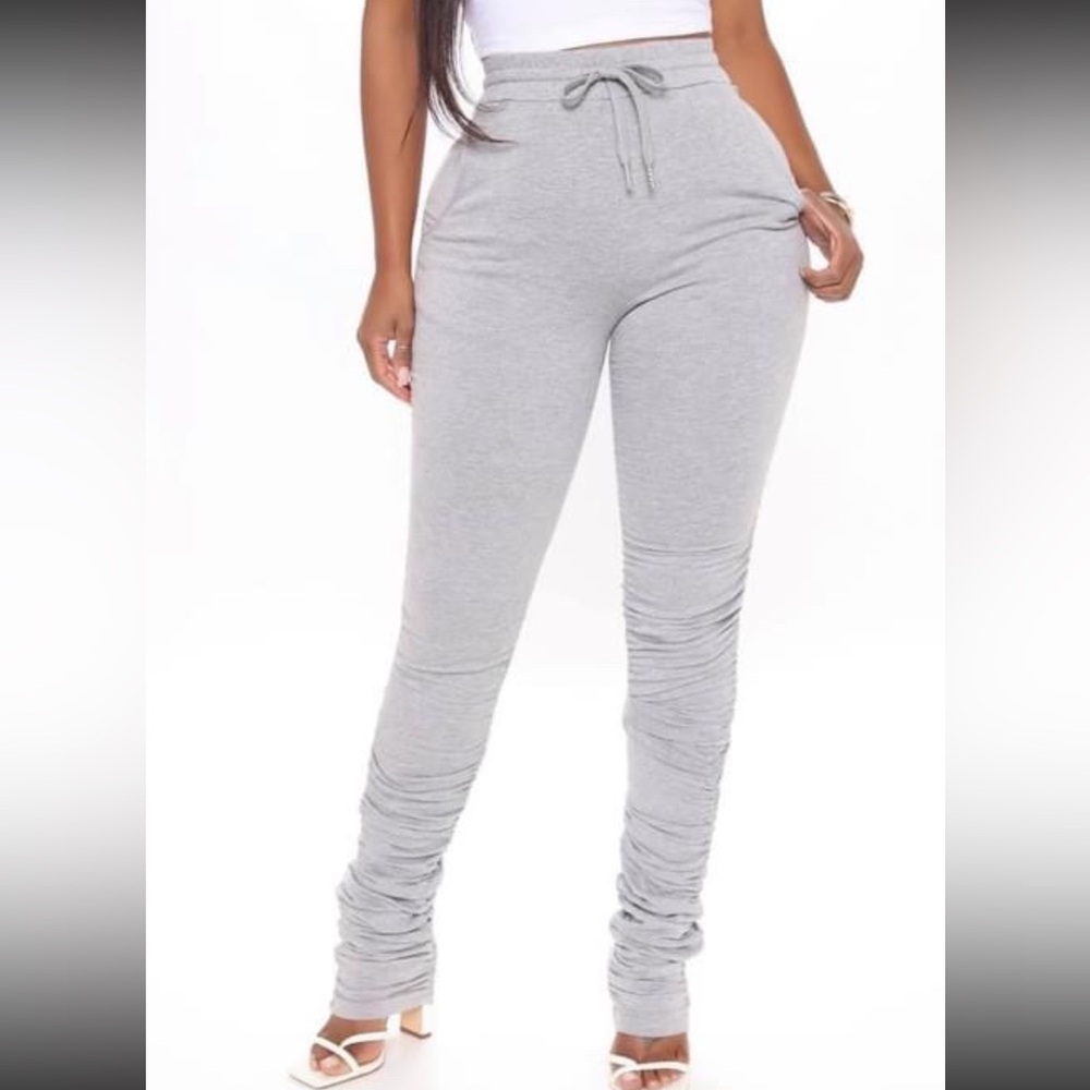 Fashion Nova Gray High-Waisted Ruched Stacked Sweat Pants